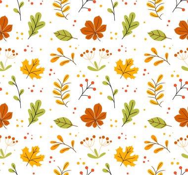 Tertemiz bir desen bırakıyor. Kumaş üzerine baskı yapmak için tasarım ögesi tekrarlanıyor. Renkli yapraklar. Sarı, yeşil ve turuncu yaprak. Sonbahar ve sonbahar sezonu. Tekstil ve pamuk. Çizgi film düz vektör çizimi
