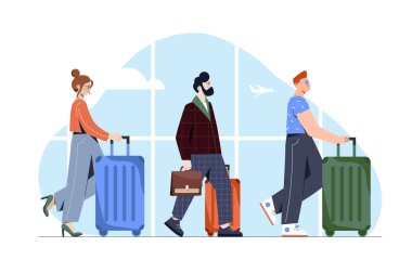 Havaalanı konsepti olan insanlar. Bagajı ve bavulu olan kadın ve erkekler. Gezginler uçuşu bekliyor. Uluslararası tatil ve turizm. Turistler uçağı bekler. Çizgi film düz vektör çizimi