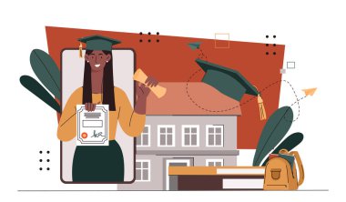 Uzaktan çalışan bir kadın. Mezuniyet şapkalı, diplomalı bir kız. Eğitim, öğrenme ve internet eğitimi. Online üniversitede öğrenci. Çizgi film düz vektör çizimi
