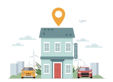 GPS şifresi olan bir otel. Gezginler ve turistler için bina. Yer tespiti yapılmış yeşil bir bina. Tatil ve tatil, turizm ve seyahat. Çizgi film düz vektör çizimi beyaz arkaplanda izole edildi