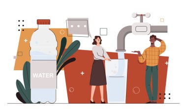 Su kavramı olan insanlar. Kadın ve erkek, su akışı ve plastik şişeli büyük musluğun yanında. Genç adam ve kız susuzlukla savaşıyor. Çizgi film düz vektör çizimi beyaz arkaplanda izole edildi