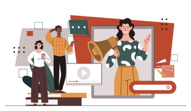 İnternet sitesi konsepti olan insanlar. Erkek ve kadın hoparlörlü kıza bakıyor. Elektronik ticaret ve pazarlama. İnternette, reklamlarda. Çizgi film düz vektör çizimi beyaz arkaplanda izole edildi