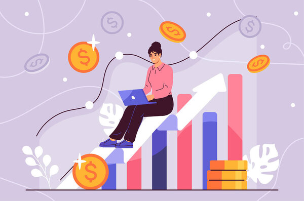 Анализ концепции цифровых данных. Женщина с ноутбуком рядом с графиками и диаграммами. Статистика и инфографика. инвестор и трейдер, экономика. Финансовая грамотность, оккупация. Мультфильм с плоским вектором