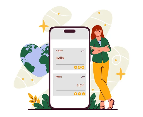 Översättarkoncept Online Kvinna Med Smartphone Mobil Applikation För Internationell Kommunikation — Stock vektor