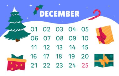 Uyarı takvimi konsepti. Yeni yıl ve Noel hediyeleri. Kış tatilleri, Noel arifesi sürprizleri ve hediyeleri. Noel ağacı, hediye kutuları, şeker ve karamel. Çizgi film düz vektör çizimi