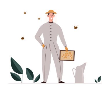 Apiary sahne konsepti. Beyaz koruyucu üniformalı adam. Çiftçilik ve apikültür. Doğal ve organik tatlı ürün. Şablon ve düzen. Çizgi film düz vektör çizimi beyaz arkaplanda izole edildi