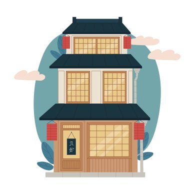 Asya evi konsepti. Geleneksel Japon ve çatısı olan Çin binaları. Mimarlık, kültür, tarih. Koreli gayrimenkul ve özel mülk. Çizgi film düz vektör çizimi