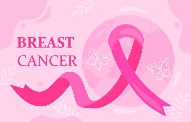 Göğüs kanseri posteri. Üzerinde yazı olan büyük bir kurdele. Bir aylık farkındalık. Sağlık ve teşhis, kanserin önlenmesi. Uluslararası tatil ve festival. Çizgi film düz vektör çizimi