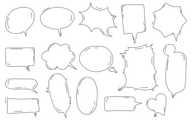 Konuşma balonları çizim seti. Çizgi roman şablonu. İletişim ve etkileşim. Metin için boşluk ve boşluk. Diyalog ve sohbet. Beyaz arkaplanda izole edilmiş doğrusal düz vektör koleksiyonu