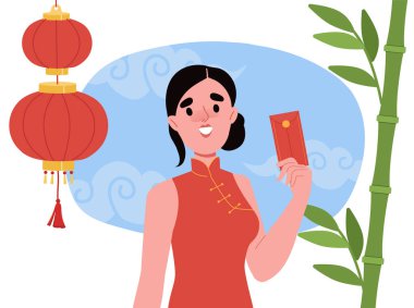 Çin yeni yılı konsepti. Kırmızı sokak lambaları ve bambuların yanında geleneksel Asyalı elbiseli bir kadın. Yıllık etkinlik, geleneksel bayram ve festival. Çizgi film düz vektör çizimi