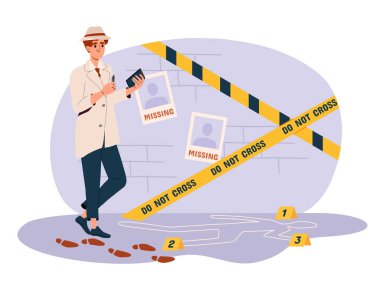 Dedektif cinayet kavramını araştırır. Polis olay yerinde, sarı ve siyah kurdeleli. Soruşturma memuru. Suç analizi. Çizgi film düz vektör çizimi beyaz arkaplanda izole edildi