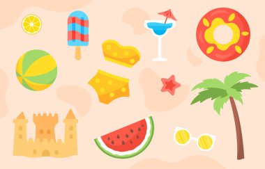 Yaz için bir takım elementler. Avuç içi karpuz dilimi ve kumdan kale. Tropikal ve egzotik kokteyl. Tahta çubukta dondurma. Çizgi film düz vektör koleksiyonu pembe arkaplanda izole edildi