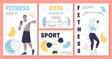 Fitness bayrakları doğrusal ayarlandı. Aktif yaşam tarzı ve egzersiz. Genç adam karın kaslarını gösteriyor, kadın spor kıyafetleri giyiyor. Spor salonu ağır ekipmanları. Kırmızı arkaplanda karalama düz vektör koleksiyonu izole