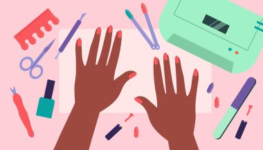 Kız manikür konseptini yapıyor. Manikürlü bir kadın. Makas ve cila kullanan bir karakter. Güzellik prosedürleri. Zarafet ve estetik. İnsan tırnaklarına kozmetik uygular. Çizgi film düz vektör çizimi