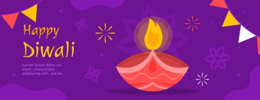 Mutlu diwali posterleri. Geleneksel Hint bayramı ve festivali. Renkli bayrakların ve parlak parıltıların yanında alevler içindeki kırmızı kaandle. Web sitesi için grafik ögesi. Çizgi film düz vektör çizimi