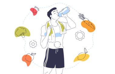 Sağlıklı beslenen bir adam. Spor elbiseli bir adam meyve ve sebzelerin yanında su içiyor. Düzgün beslenme ve vejetaryen diyeti. Beyaz arkaplanda izole edilmiş doğrusal düz vektör çizimi