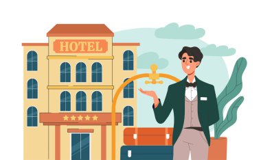 Otel sahibi konsepti. Turistler için büyük bir binaya yakın bir adam. Tatil ve tatil. Beş yıldızlı otelin girişinde bagajlı bir araba taşıyan resepsiyonist ve kapıcı. Çizgi film düz vektör çizimi