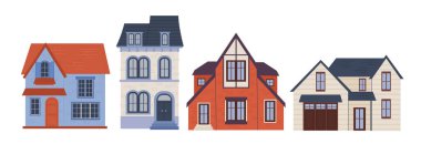 Bir dizi ev konsepti. Şehir mimarisi ve binalar. Towhouse ve kır evi. Evlerin dış görünüşü. Kırmızı ve gri binalar. Çizgi film düz vektör koleksiyonu beyaz arkaplanda izole edildi