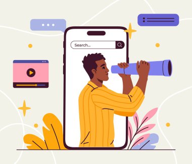 Bilgi kavramı arıyorum. Akıllı telefon ekranında elinde dürbün olan bir adam. Genç adam internette bilgi topluyor. Çizgi film düz vektör çizimi beyaz arkaplanda izole edildi