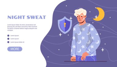 Gece terleme posteri. Suratında sivilce olan üzgün genç bir adam. Hormonlar ve cilt sorunu. İniş sayfası tasarımı. Anatomi ve biyoloji. Güzellik ve sağlık hizmetleri. Çizgi film düz vektör çizimi