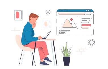 İnternet sitesi karalaması yapan bir adam. Genç adam dizüstü bilgisayarla masada oturuyor. Grafik tasarımcısı ve işyerinde serbest çalışan biri. Beyaz arkaplanda izole edilmiş doğrusal düz vektör çizimi