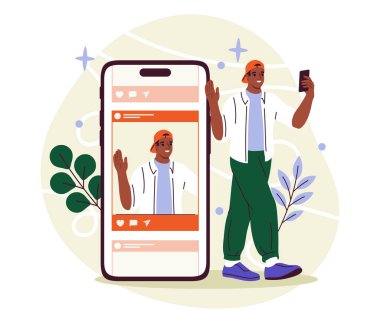 Adam selfie konseptini ele alıyor. Akıllı telefonlu masal fotoğrafı olan genç bir adam. Sosyal ağlar için içerik. Popüler blogcu ve ünlü sosyal medya çalışanı. Çizgi film düz vektör çizimi