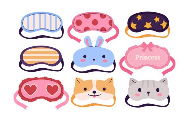 Uyku maskesi hazır. Uyumak, rüya görmek ve dinlenmek için aksesuarlar. Pembe, mavi ve siyah elbiseler. Rahatlıkla iyileşirsin. Samimi eşyalar. Çizgi film düz vektör koleksiyonu beyaz arkaplanda izole edildi