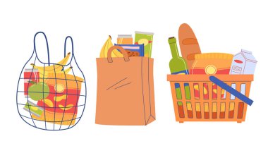 Alışveriş arabaları hazır. Ürün ve bakkaliyeli paketler ve el arabaları. Meyve, sebze, baget. Süt, cips ve kurabiye. Çizgi film düz vektör koleksiyonu beyaz arkaplanda izole edildi