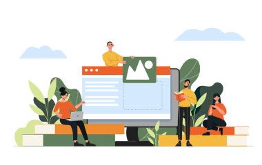 Öğrenciler günü posteri. Erkekler ve kadınlar bilgisayar ekranı ve ders kitaplarının yanında. Eğitim, kazanç ve eğitim. Bilgi ve bilgelik. Çizgi film düz vektör çizimi beyaz arkaplanda izole edildi