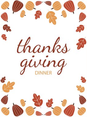 Şükran Günü poster konsepti. Turuncu ve kırmızı yapraklar. Sonbahar ve sonbahar. Broşür, broşür, tipografi. Web sitesi için grafik ögesi. Renkli balkabakları. Çizgi film düz vektör çizimi