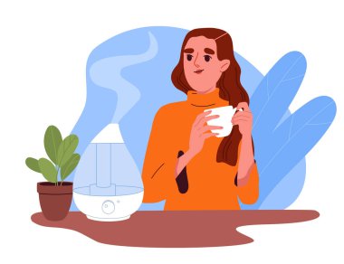 Hava temizleyici kavramı olan bir kadın. Suyu olan genç bir kız buhara dönüştü. Rahat ve rahat nefes alabilmek için evde. Çizgi film düz vektör çizimi beyaz arkaplanda izole edildi