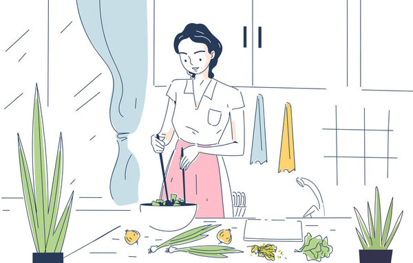 Woman cooking at kitchen linear. Young girl in pink apron near bowl with salad. Healthy eating with vitamins, fresh vegetables slices. Preparation of eating. Doodle flat vector illustration