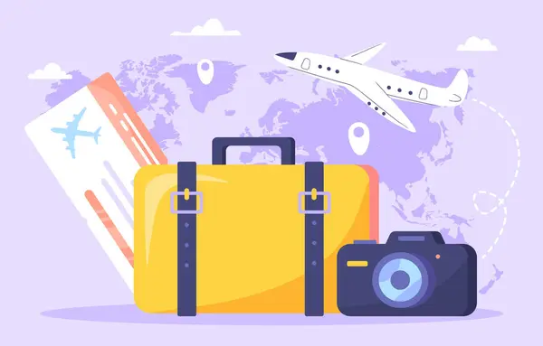 旅行エレメントポスター 飛行機で世界地図の背景にある黄色い荷物のチケットとカメラ 国際線フライトと旅行 休暇と休暇 観光について 漫画フラットベクターイラスト — ストックベクタ