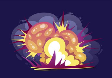 Uzaylı silahı lazer ışını. Patlayan bomba ya da ateş topu. Uzay silahından ya da Raygun 'dan ateşlenmiş. Enerji fütüristik saldırı topu. Patlama etkisi. Çizgi film düz vektör çizimi koyu arkaplanda izole edildi