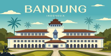 Bandung posterine git. Endonezya Gedung Sate 'nin mimari yapısına sahip manzara. Yaz tatili, turizm ya da seyahat. Asya kasabası binaları olan bir panorama. Çizgi film düz vektör çizimi