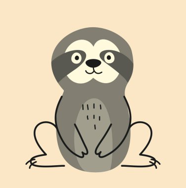 Sevimli el yapımı hayvan. Moda İskandinav tarzında tapılası bir tembel hayvan etiketi. Gülümseyen Afrika canavarı ya da savananın memeli sakini. Çizgi film düz vektör çizimi bej arkaplanda izole edildi