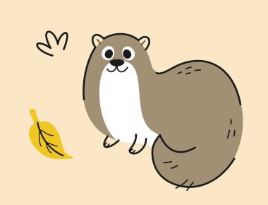 Sevimli el yapımı hayvan. Komik tüylü çinçilla ya da vizon kürklü çıkartma. Orman ya da ormanlık alanda yaşayan büyüleyici memeliler. Baskı için tasarım. Çizgi film düz vektör çizimi bej arkaplanda izole edildi