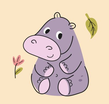 Sevimli el yapımı hayvan. Savana ya da orman sakinleri arasında gülümseyen sevimli su aygırları. Vahşi Afrikalı bebek hayvan. Bebek odası için tasarım. Çizgi film düz vektör çizimi bej arkaplanda izole edildi