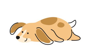Tatlı Doodle Dog. Yapıştırmalı ya da ikonlu komik istirahat ve yalancı köpek yavrusu. Gülümseyen bir hayvan mı yoksa sevimli bir hayvan mı? Yazdırma için tasarım ögesi. Çizgi film düz vektör çizimi beyaz arkaplanda izole edildi