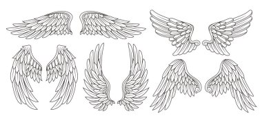 Doğrusal hanedan kanatları. Siyah ve beyaz melek koleksiyonu ya da tüylü kuş kanatları. Dövme, logo ya da maskot için tasarım elemanı. Beyaz arkaplanda izole edilmiş düz vektör çizimleri