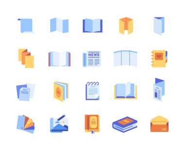 Renkli broşür ikonları. Broşür, gazete, dergi, not defteri, zarf ve eskiz defterli parlak çıkartmalar. Poligrafik elementler. Çizgi film düz vektör koleksiyonu beyaz arkaplanda izole edildi