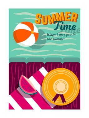 Yaz titreşimleri posteri. Rahatlamak için yüzme havuzlu ya da deniz sahilli parlak, güneşli bir kartpostal. Yaz tatili. Kapak için tasarım ögesi. Çizgi film düz vektör çizimi beyaz arkaplanda izole edildi