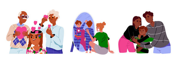 Set of Parents Upbringing Children. Influence of mom and dad on psychological development, education and mental health of children. Cartoon flat vector illustrations isolated on white background