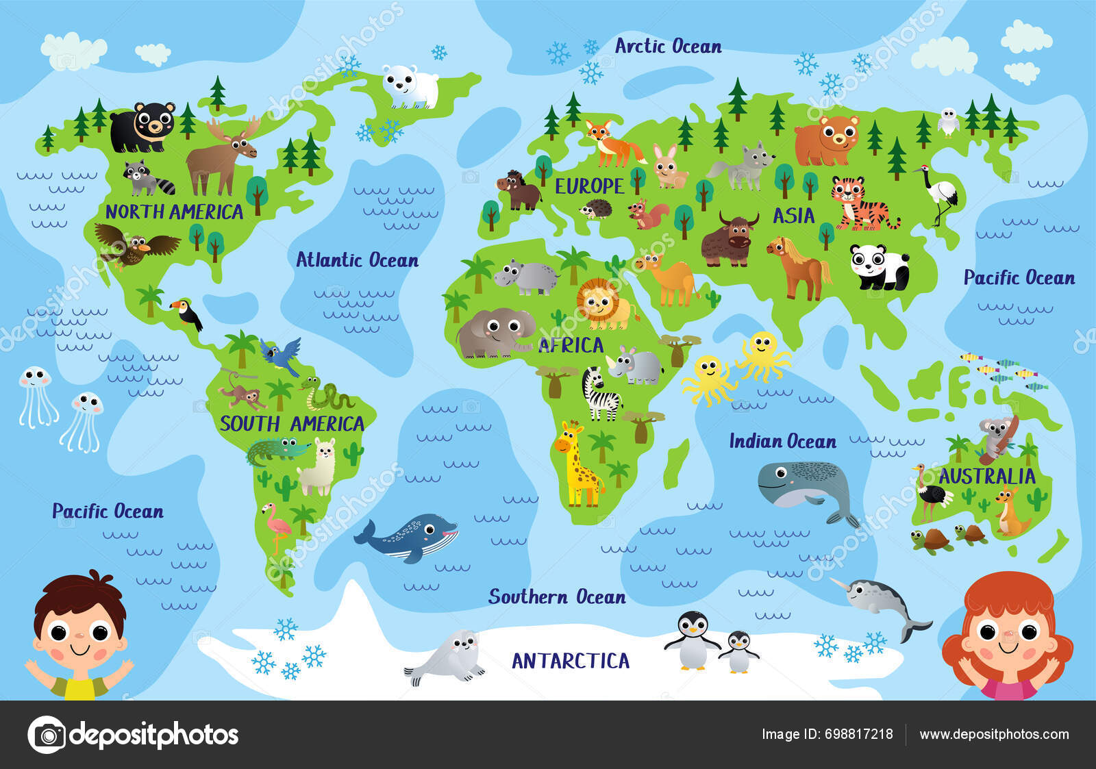 Детская Карта Мира Животными Очаровательная Карта Детей Разными ...