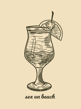 El yapımı alkollü kokteyl. Plajda seks ve ferahlatıcı yaz içeceği içeren klasik bir eskiz. Schnapps ve votka ile meyve suyu. Bar için poster. Arkaplanda izole edilmiş doğrusal düz vektör çizimi