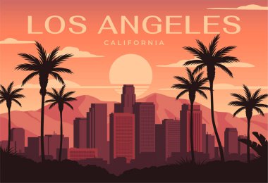Seyahat yeri posteri. Kaliforniya 'da, Amerikan şehri Los Angeles' ın manzaralı bir kartpostal. Gökdelenleri, palmiyeleri ve güneşi olan bir şehir. Turizm ve tatil. Çizgi film düz vektör çizimi