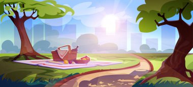 Şehir parkında piknik. Battaniye, yeşil çimen, ağaçlar ve şehir binalarının panoramik manzaralı güzel manzarası. Açık hava mı yoksa doğa eğlencesi mi? Çizgi film düz vektör çizimi