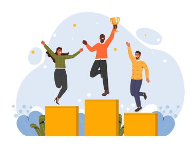 People celebrating business success. Young male and female entrepreneurs stand on podium, hold golden cup and jump. Rewarding joyful employees. Competition Winners. Cartoon flat vector illustration clipart