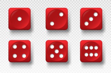 Kırmızı zarlar hazır. Web sitesi için grafiksel unsurlar, düzenli kullanıcı eğlencesi ve kumar ve şans oyunları. Masa oyunları için gölgeli küp nesnelerinin kenarları. Gerçekçi izometrik vektör çizimi