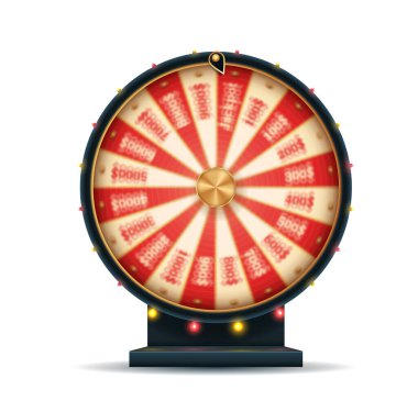 Şans tekerleği dönüyor. Piyango, piyango, kumar ve başarı. Kumarhanede eğlence, kumar makinesi. Web sitesinde kullanıcılar arasında ödül çizmek için grafiksel öğeler. Karton düz vektör çizimi